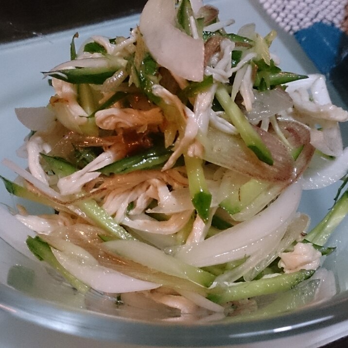 鶏むね肉と新玉ときゅうりの梅ドレ和え～大葉茗荷風味